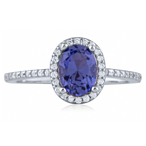 Princes Diana Inspired Simulated Tanzanite Halo Ring With White Topaz in Italian Sterling Silver
