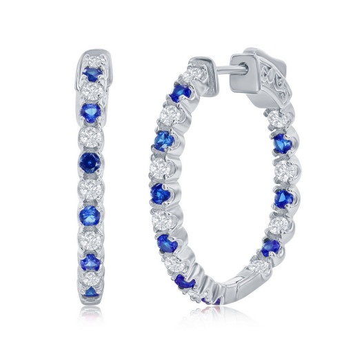 Tiffany Inspired White Topaz & Blue Sapphire Inside/Out Hoop Earrings