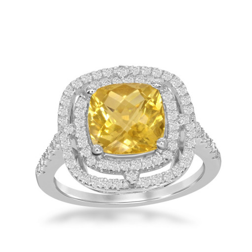 Harry Winston Inspired Cushion Cut Citrine Double Halo Ring in Italian Sterling Silver