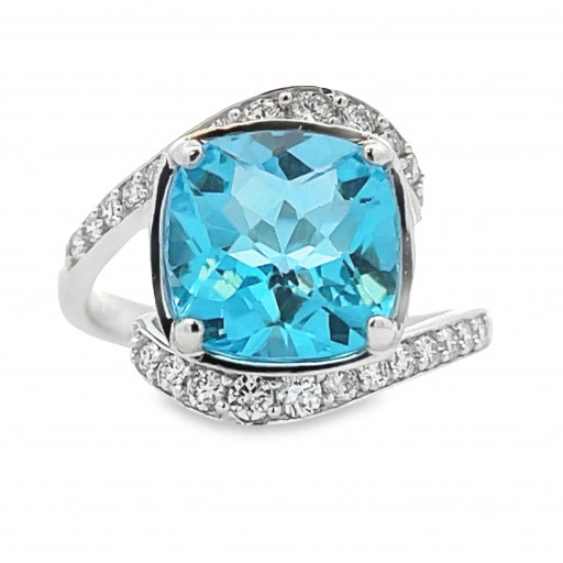 Harry Winston Inspired Cushion Cut Blue Topaz & Diamond Halo Ring in 10K White Gold