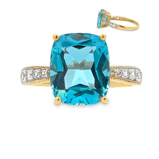 Harry Winston Inspired Cushion Cut Blue Topaz & White Sapphire Ring in 10K Yellow Gold