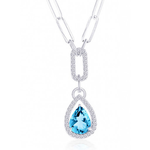 Tiffany Inspired Pear Shape Blue & White Topaz Necklace With Paperclip Extendable Chain