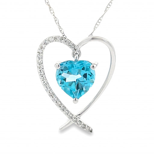 Tiffany Inspired Heart Shape Blue Topaz & Diamond Heart Pendant in 14K White Gold