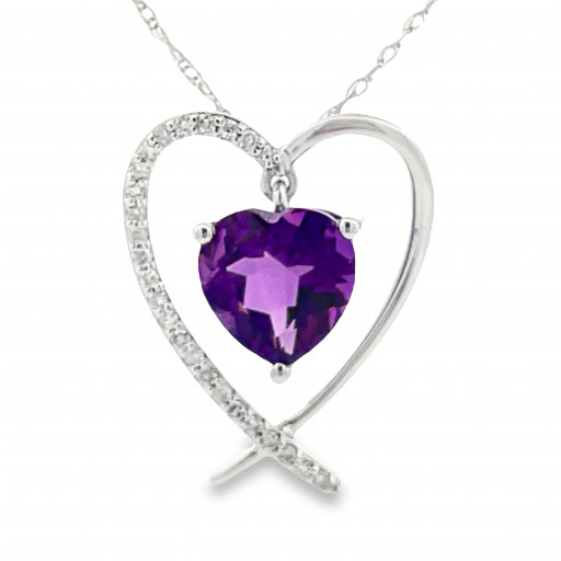 Tiffany Inspired Heart Shape Amethyst & Diamond Heart Pendant in 14K White Gold