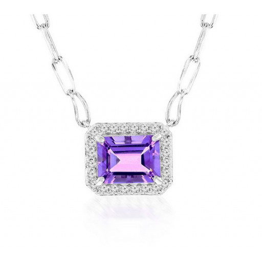 Rolex Inspired Amethyst & White Topaz Halo "Paperclip" Necklace in Italian Sterling Silver
