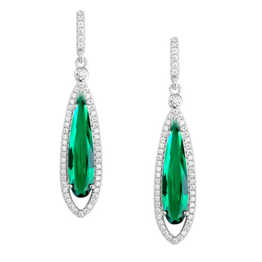 Tiffany Inspired Teardrop Simulated Emerald & White Topaz Drop Earrings in Italian Sterling Silver