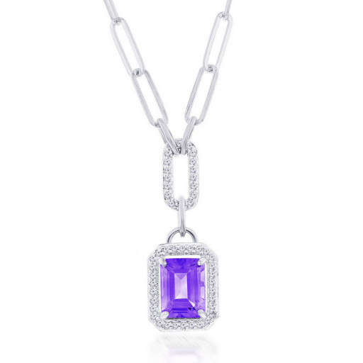 Tiffany Inspired Emerald Cut Amethyst & White Topaz Necklace With Paperclip Extendable Chain