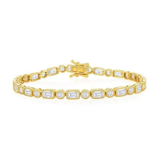 Harry Winston Inspired Baguette & Round Brilliant Cut White Topaz Bracelet in Yellow Gold Plated Italian Sterling Silver