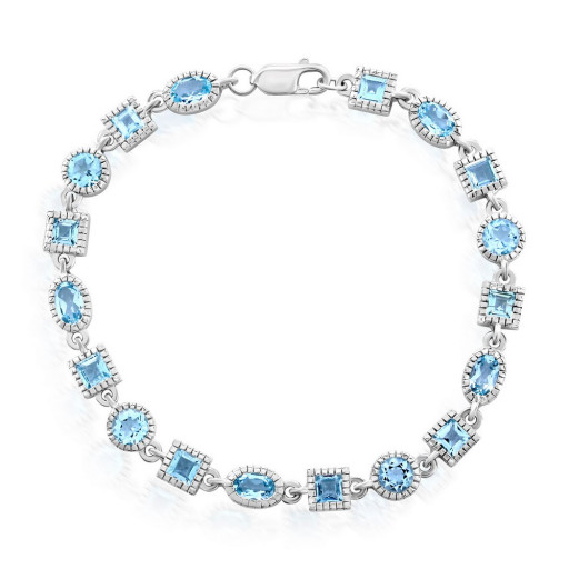Princess Cut & Oval Blue Topaz Bracelet in Italian Sterling Silver
