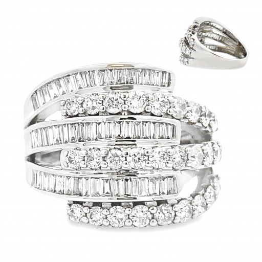 Harry Winston Inspired Multi Row Round Brilliant Cut & Baguette Diamond Ring in 14K White Gold