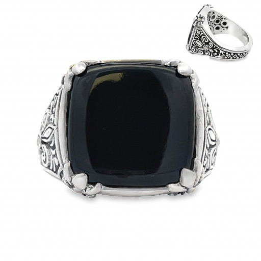 Harry Winston Inspired Black Onyx Ring in 18K Yellow Gold & Italian Sterling Silver