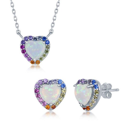 Multi Colour Opal Heart Earrings & Necklace Set