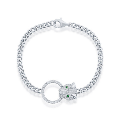 Cartier Inspired Circle of Love Panther Emerald Eyes Bracelet in Italian Sterling Silver