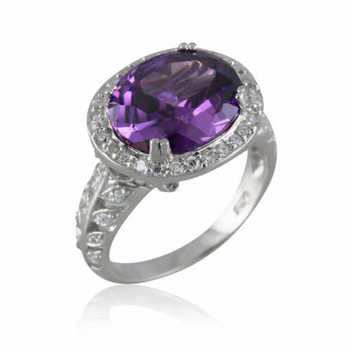 Amethyst Halo Ring With White Topaz in Italian Sterling Silver