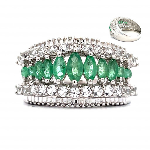 Harry Winston Inspired Emerald & White Sapphire Ring in Italian Sterling Silver