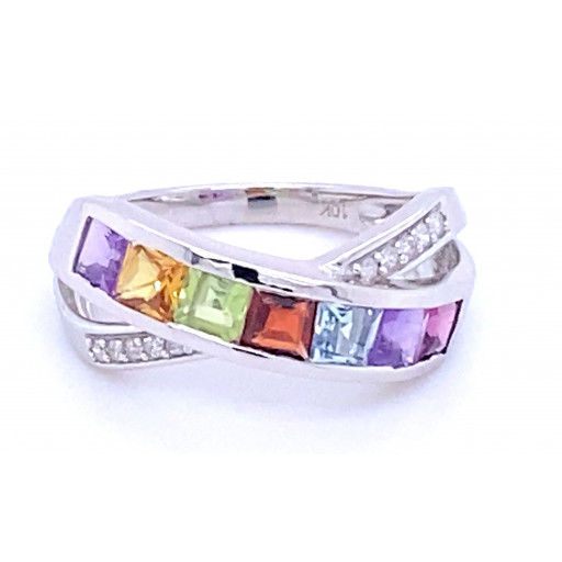 Princess Cut Rainbow Gemstone & Diamond Ring in 10K White Gold