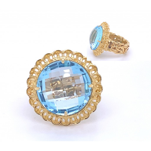 Versace Inspired Checkerboard Cut Sky Blue Topaz Halo Ring in 14K Yellow Gold