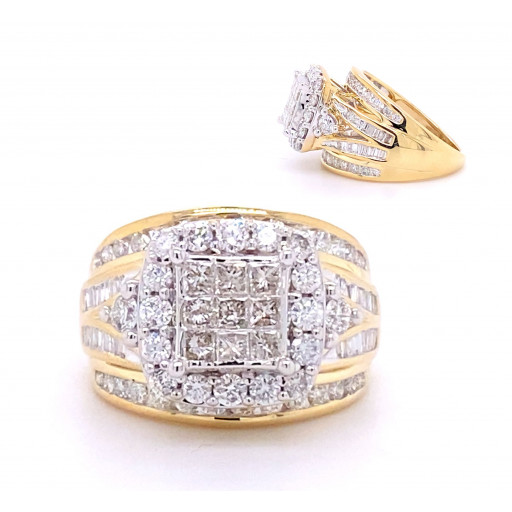 Harry Winston Inspired Princess Cut & Round Brilliant Cut Diamond Ring in 10K Yellow Gold