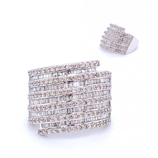 Gucci Inspired Multi Row Baguette & Round Brilliant Cut Diamond Ring in 10K White Gold