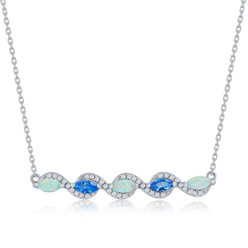 Tiffany Inspired White Opal & Aquamarine Bar Necklace in Italian Sterling Silver