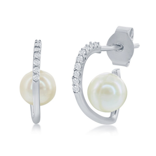 Pearl & White Topaz Hoop Earrings in Italian Sterling Silver