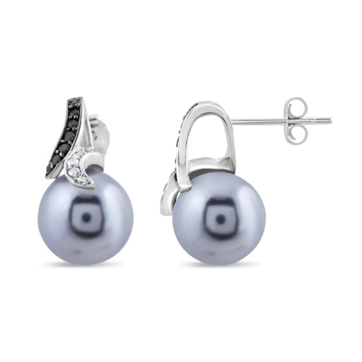 Mikimoto Inspired Grey Pearl With White & Black Topaz Earrings in Italian Sterling Silver