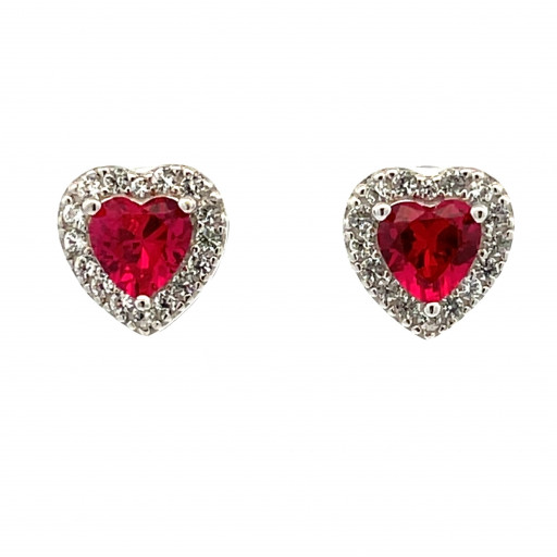 Heart Shape Ruby & White Sapphire Stud Earrings in Italian Sterling Silver