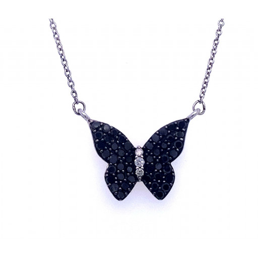 Black & White Diamond Butterfly Necklace in Italian Sterling Silver