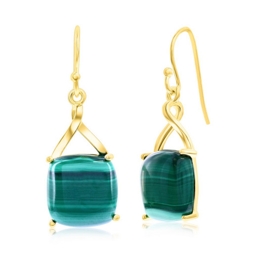 Square Cushion Cut Malachite Drop Earrings in Yellow Gold Plated Italian Sterling Silver