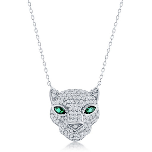Cartier Inspired Panther Necklace With Emerald Eyes & Swarovski Cubic Zirconia in Italian Sterling Silver