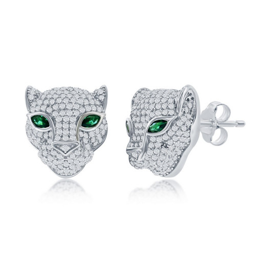 Cartier Inspired Panther Stud Earrings With Emerald Eyes & Swarovski Cubic Zirconia in Italian Sterling Silver
