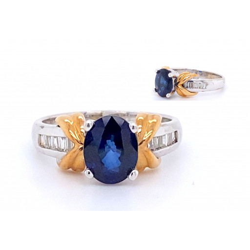 Prada Inspired Blue Sapphire & Baguette Diamond Ring in 14K Two Tone Gold