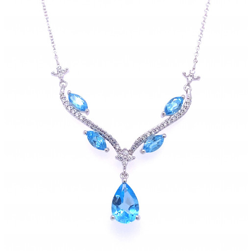 Tiffany Inspired Floral Blue Topaz & Diamond Necklace in Italian Sterling Silver