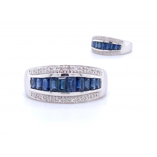 Baguette Blue Sapphire & Diamond Ring in 14K White Gold