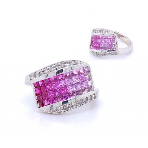 Invisbly Set Pink Sapphire & Diamond Ring in 14K White Gold