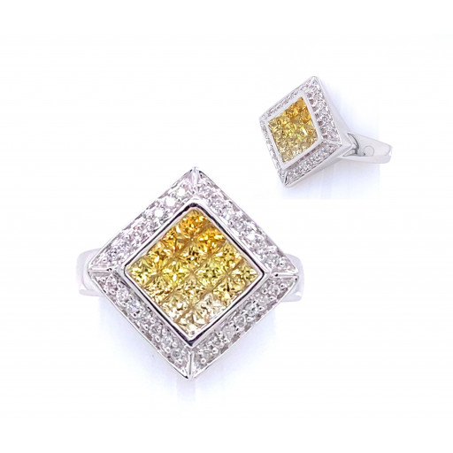 Invisbly Set Princess Cut Yellow Sapphire & Diamond Ring in 14K White Gold