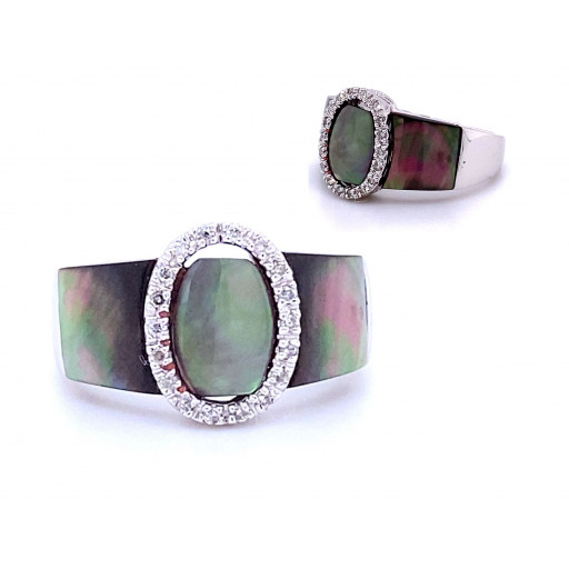 Cartier Inspired Black Mother of Pearl & Diamond Ring in 14K White Gold