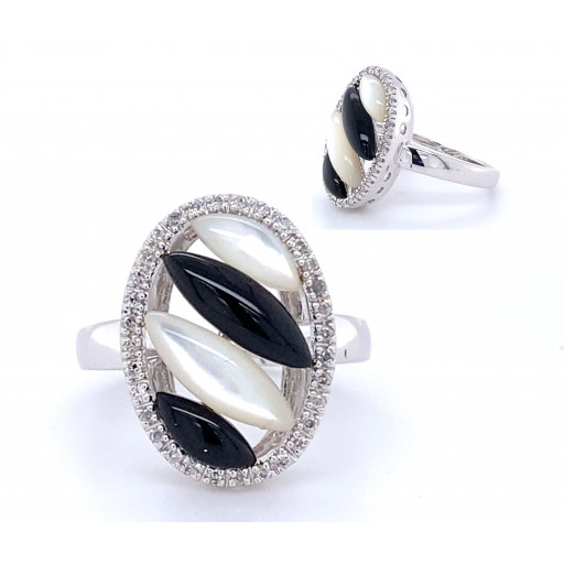 Cartier Inspired Black Onyx, Mother of Pearl & Diamond Ring in 14K White Gold