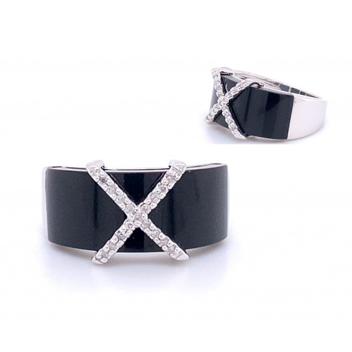 Cartier Inspired Black Onyx & Diamond Ring in 14K White Gold