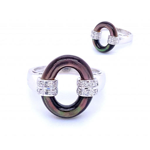 Cartier Inspired Circle of Love Black Mother of Pearl & Diamond Ring in 14K White Gold