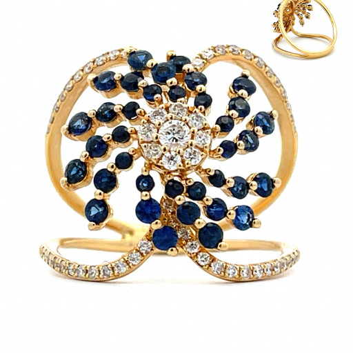 Round Brilliant Cut Blue Sapphire & Diamond Ring in 18K Yellow Gold