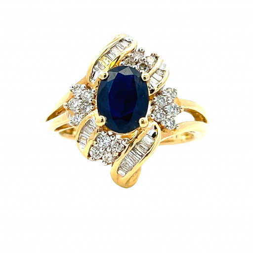 Harry Winston Blue Sapphire With Baguette & Round Brilliant Cut Diamond Ring in 14K Yellow Gold