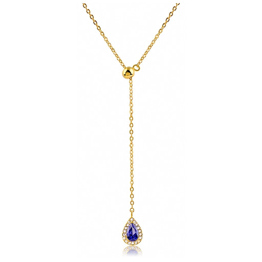 Lariat With Pear Shape Blue Sapphire Necklace in Yellow Gold Plated Italian Sterling Silver
