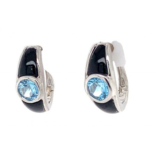 Prada Inspired Black Onyx & Blue Topaz Hoop Earrings in Italian Sterling Silver