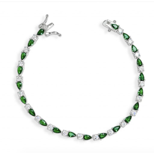 Tiffany Style Swarovski Cubic Zirconia & Simulated Pear Shape Emerald Bracelet in Italian Sterling Silver