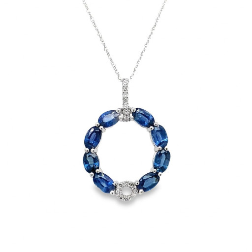 Cartier Inspired Blue Sapphire & Diamond Circle of Love Pendant in 14K White Gold