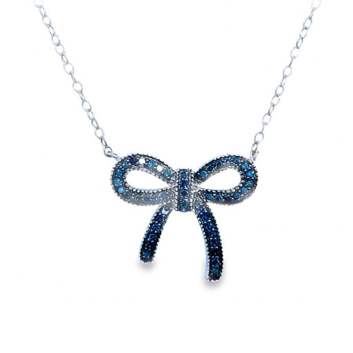 Tiffany Inspired Blue Diamond Love Bow Necklace In Italian Sterling Silver