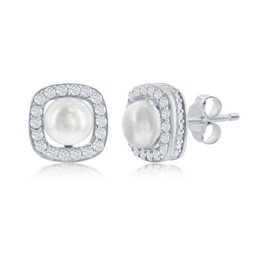 Mikimoto Inspired Freshwater Cultured Halo Pearl Stud Earrings in Italian Sterling Silver
