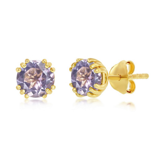 Round Brilliant Cut Simulated Alexandrite Stud Earrings in Yellow Gold Plated Italian Sterling Silver