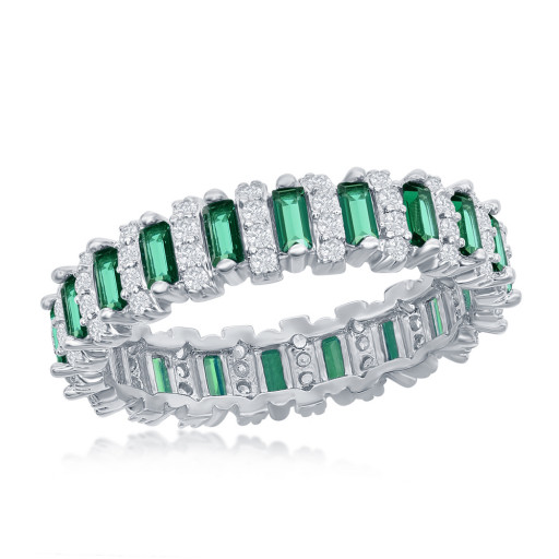 Harry Winston Inspired Simulated Baguette Cut Green Emerald Eternity Band in Italian Sterling Silver